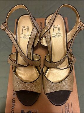 A. Marinelli Gold Glitter Strappy Heels